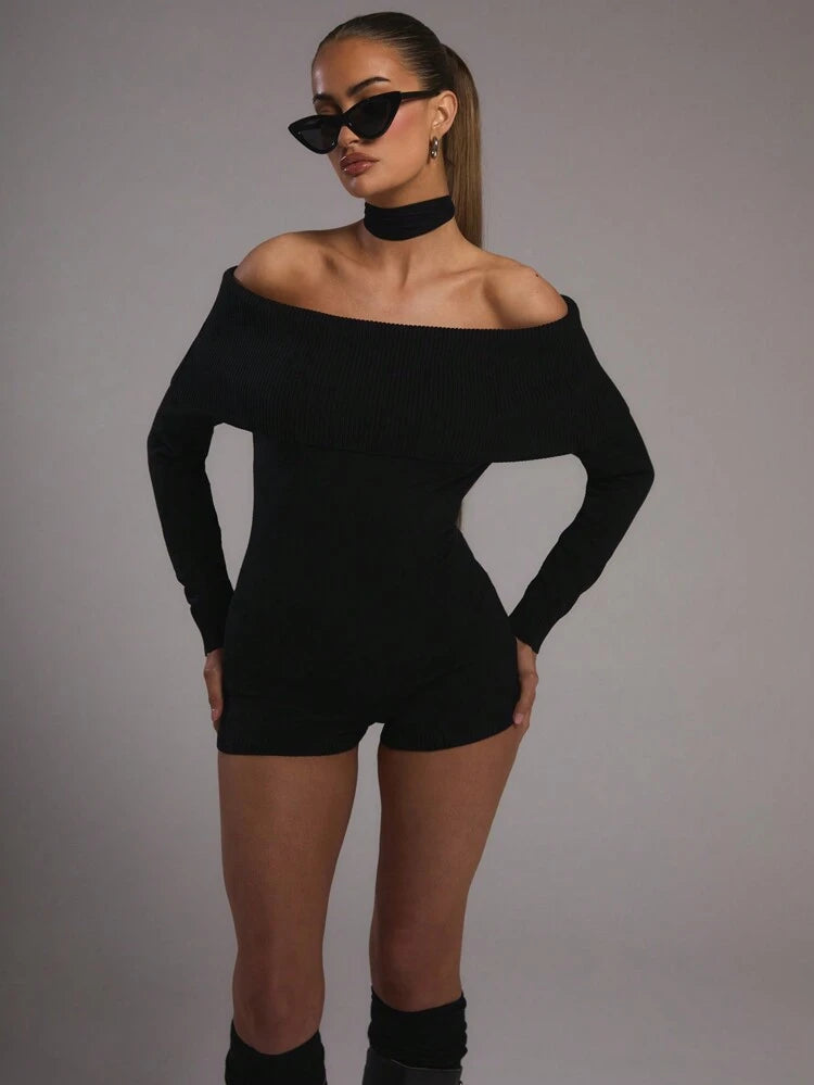 Off Shoulder Knit Siyah Triko Tulum