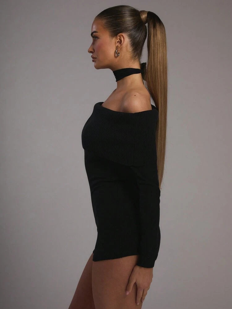 Off Shoulder Knit Siyah Triko Tulum