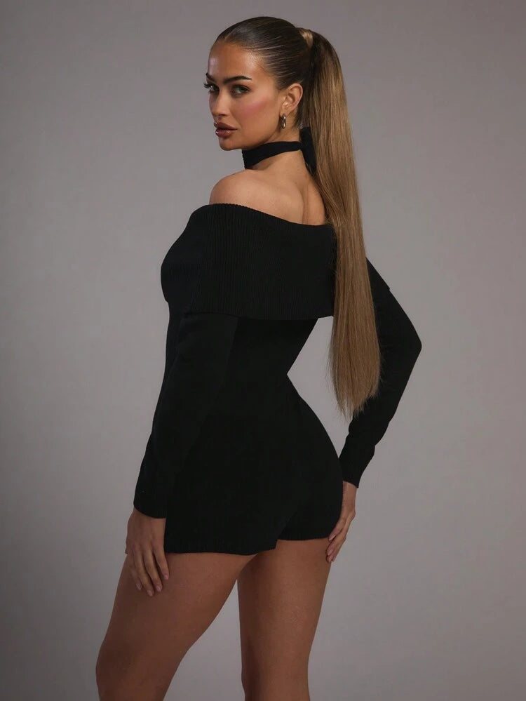 Off Shoulder Knit Siyah Triko Tulum