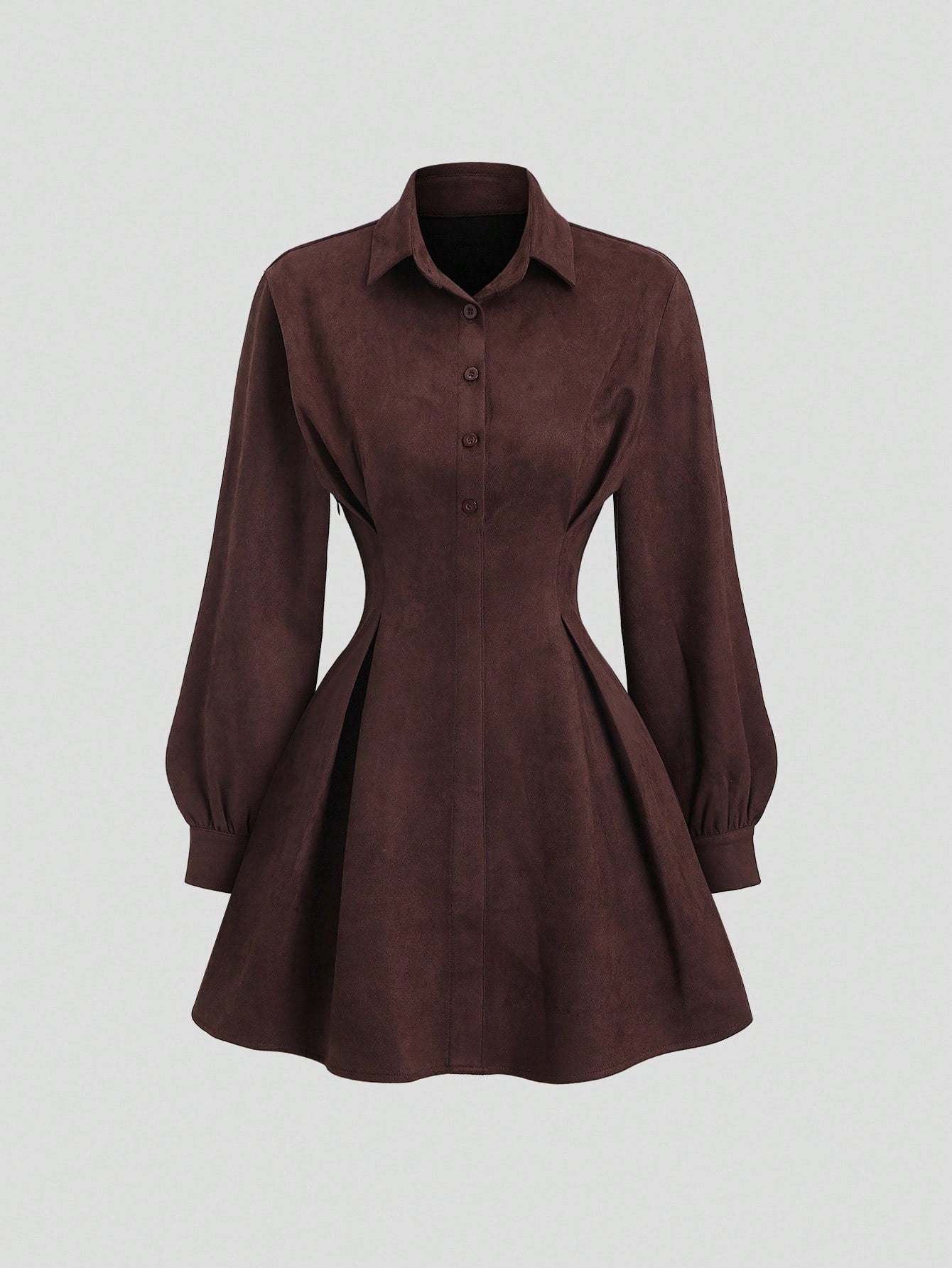 Kahverengi Süet Görünümlü Fit & Flare Gömlek Elbise