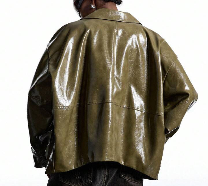 Zeytin Yeşili Oversize Deri Görünümlü Ceket