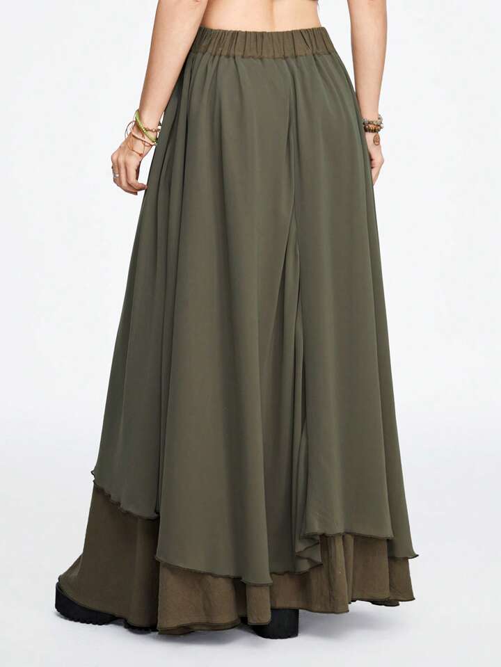 Bohem Katmanlı Şifon Etek – Haki