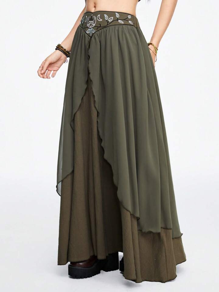 Bohem Katmanlı Şifon Etek – Haki