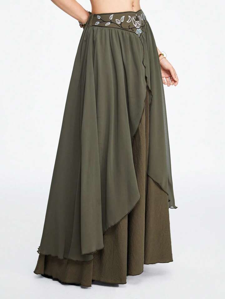Bohem Katmanlı Şifon Etek – Haki