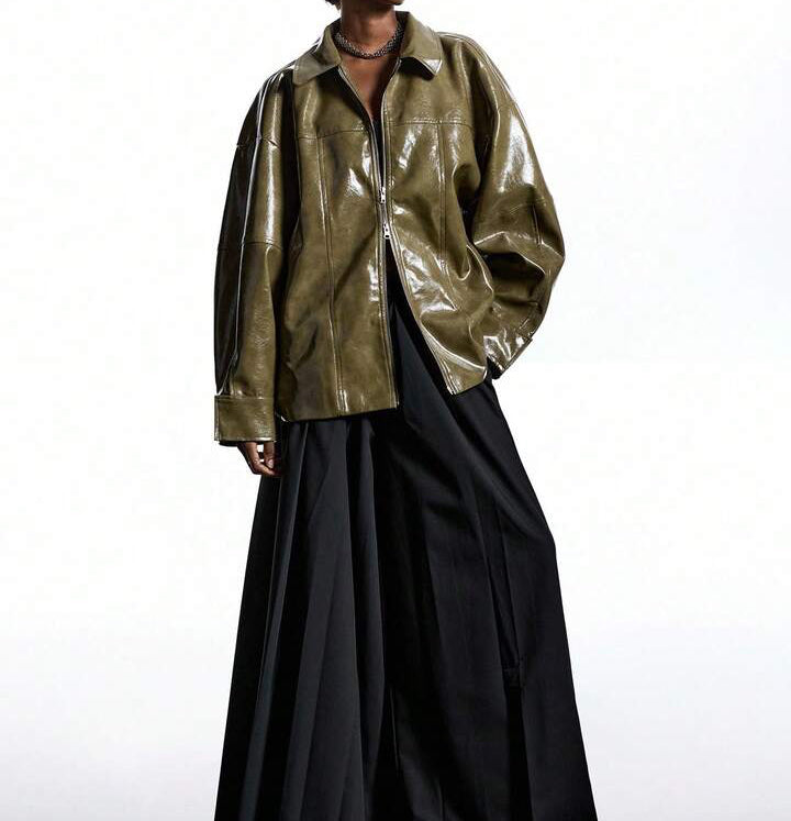 Zeytin Yeşili Oversize Deri Görünümlü Ceket