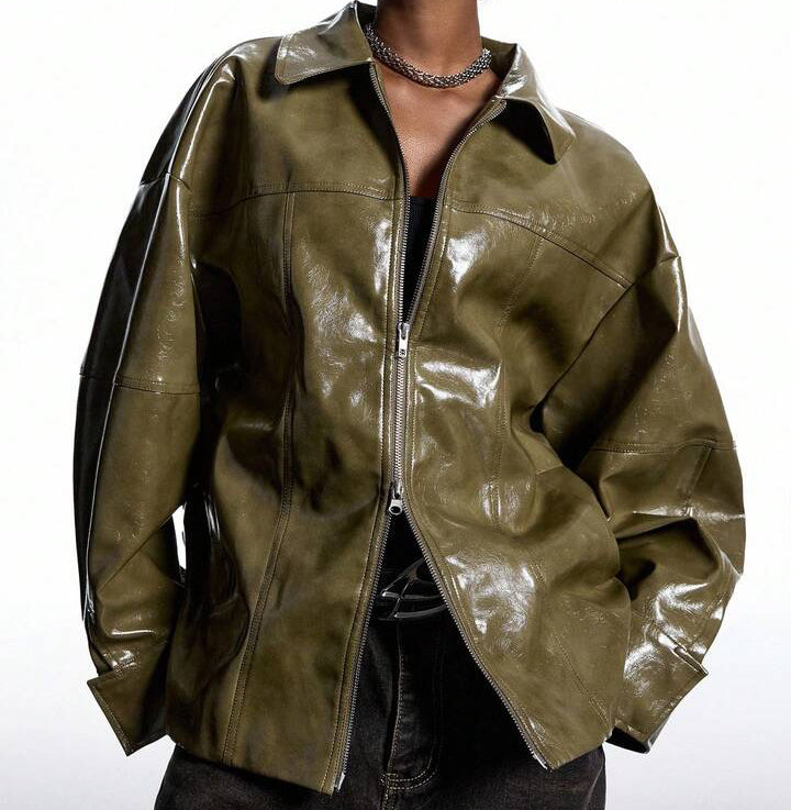 Zeytin Yeşili Oversize Deri Görünümlü Ceket