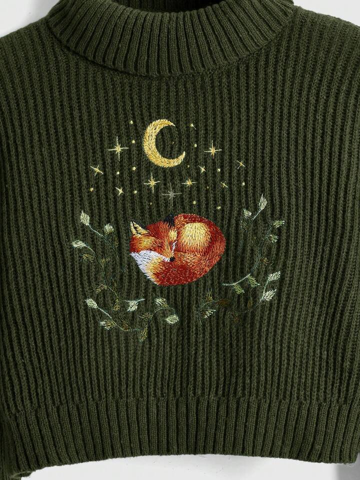 Nakış Detaylı Tilki Desenli Triko Kazak