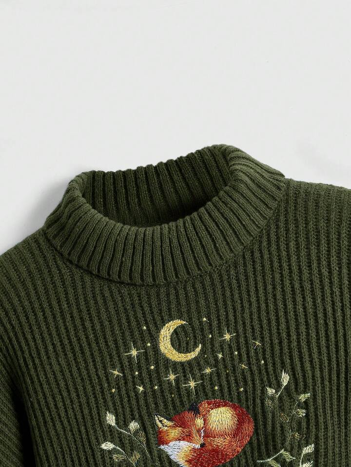 Nakış Detaylı Tilki Desenli Triko Kazak