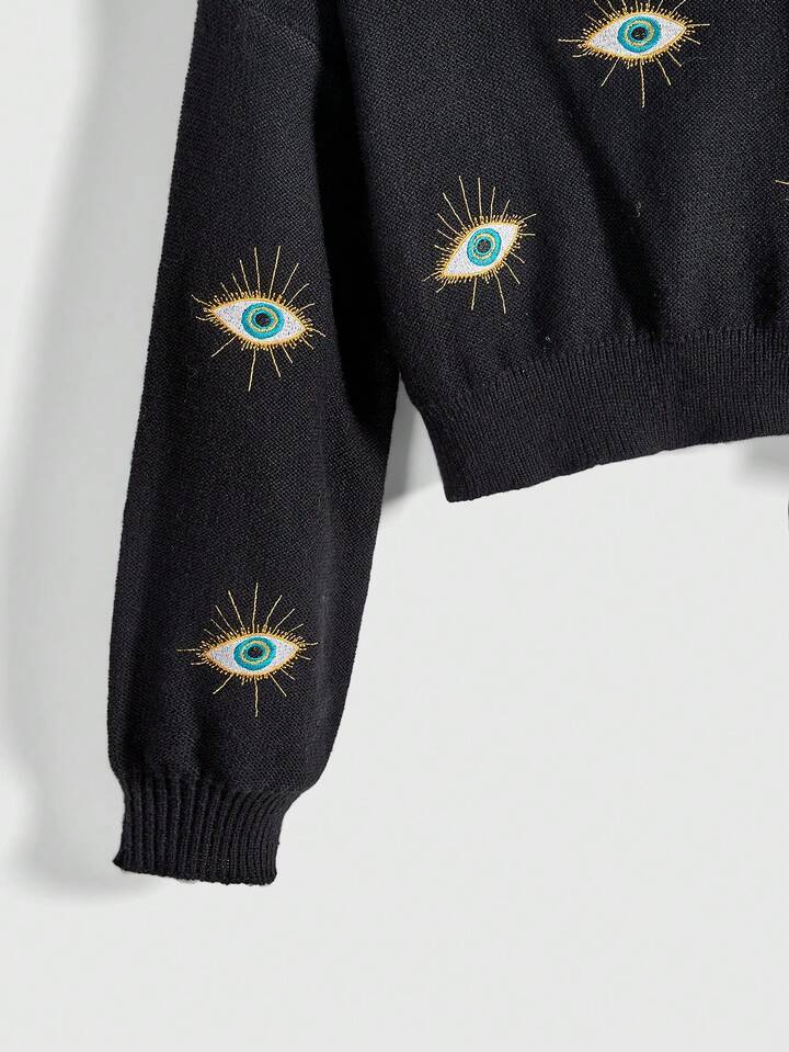 Nakış Detaylı Göz Motifli Triko Kazak