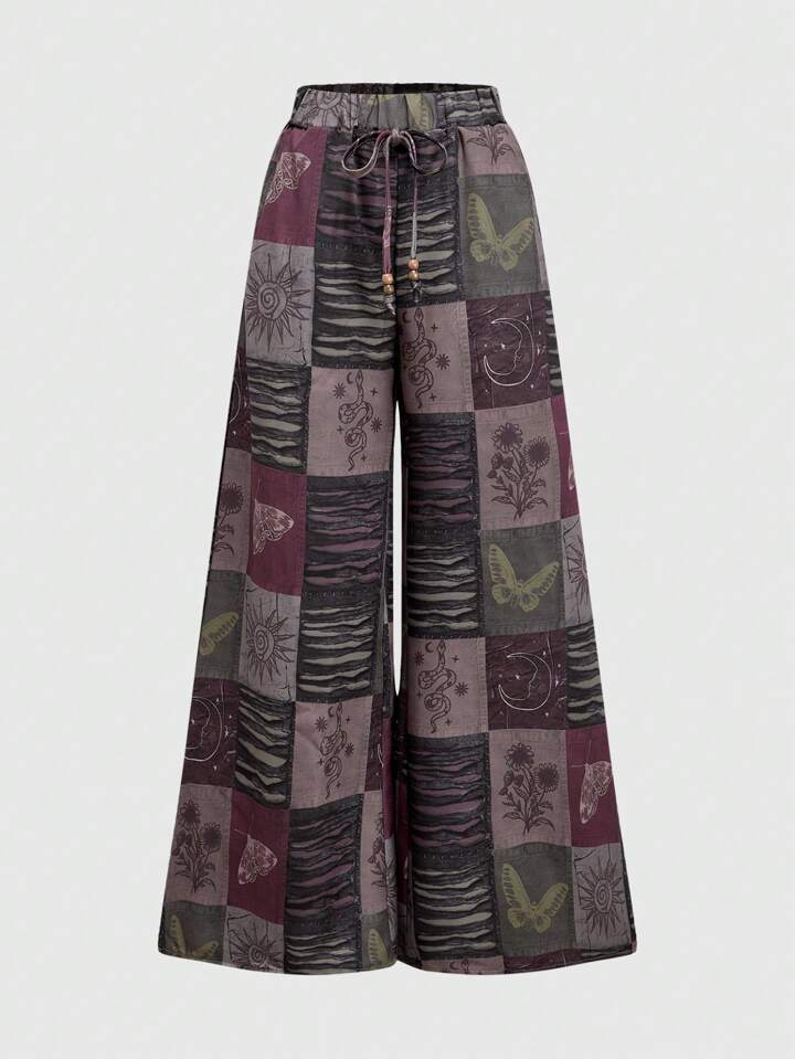 Patchwork Desenli Geniş Paça Pantolon