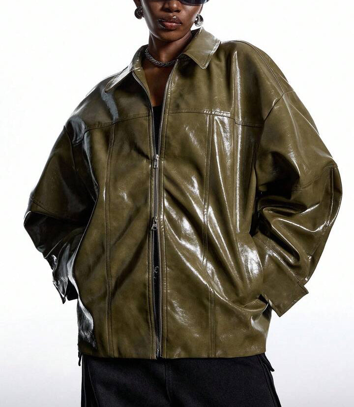 Zeytin Yeşili Oversize Deri Görünümlü Ceket