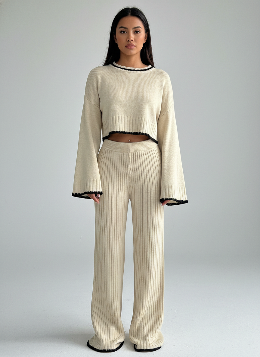 Krem Renk Kontrast Dikiş Detaylı Triko İkili Takım