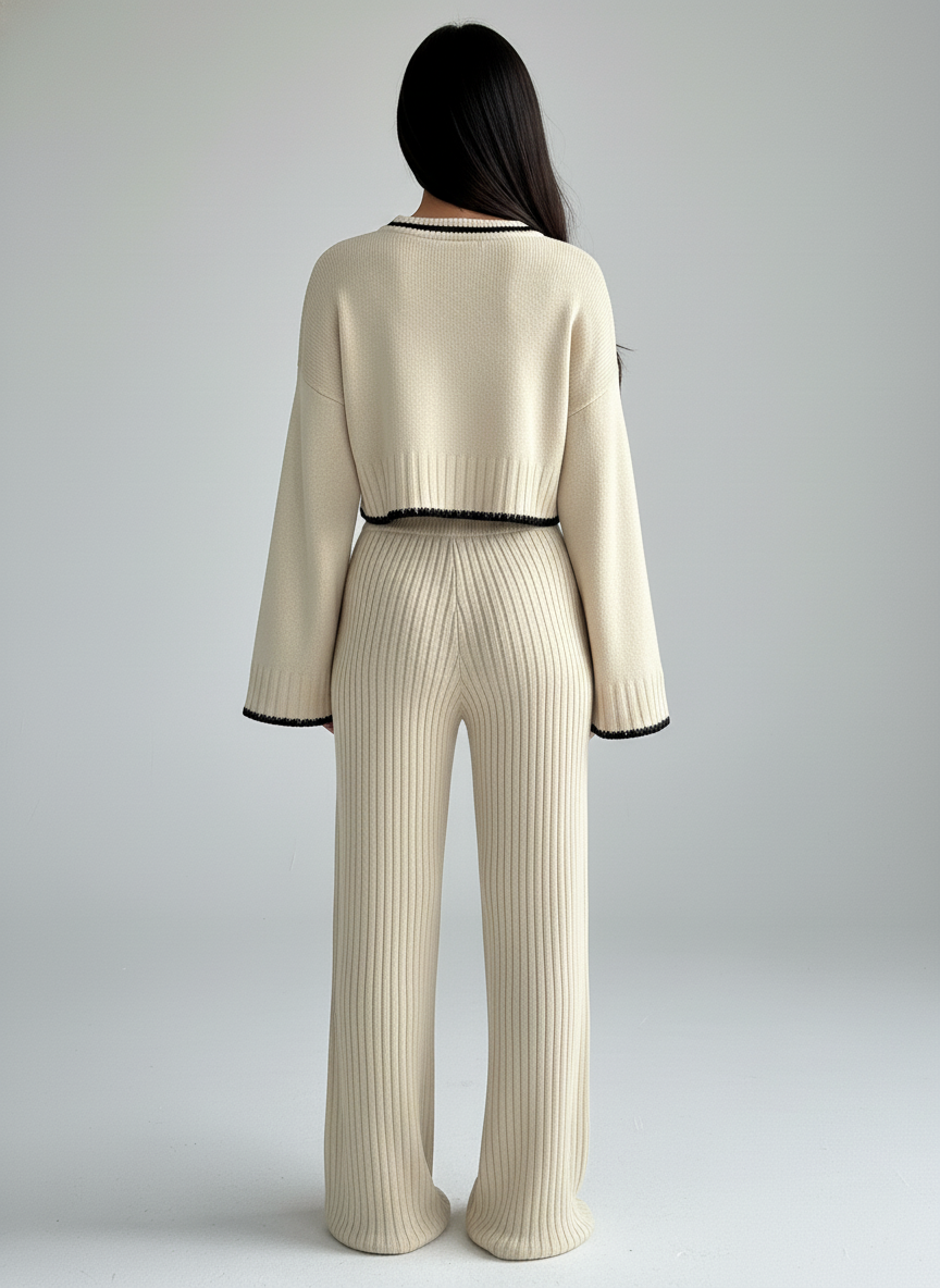 Krem Renk Kontrast Dikiş Detaylı Triko İkili Takım