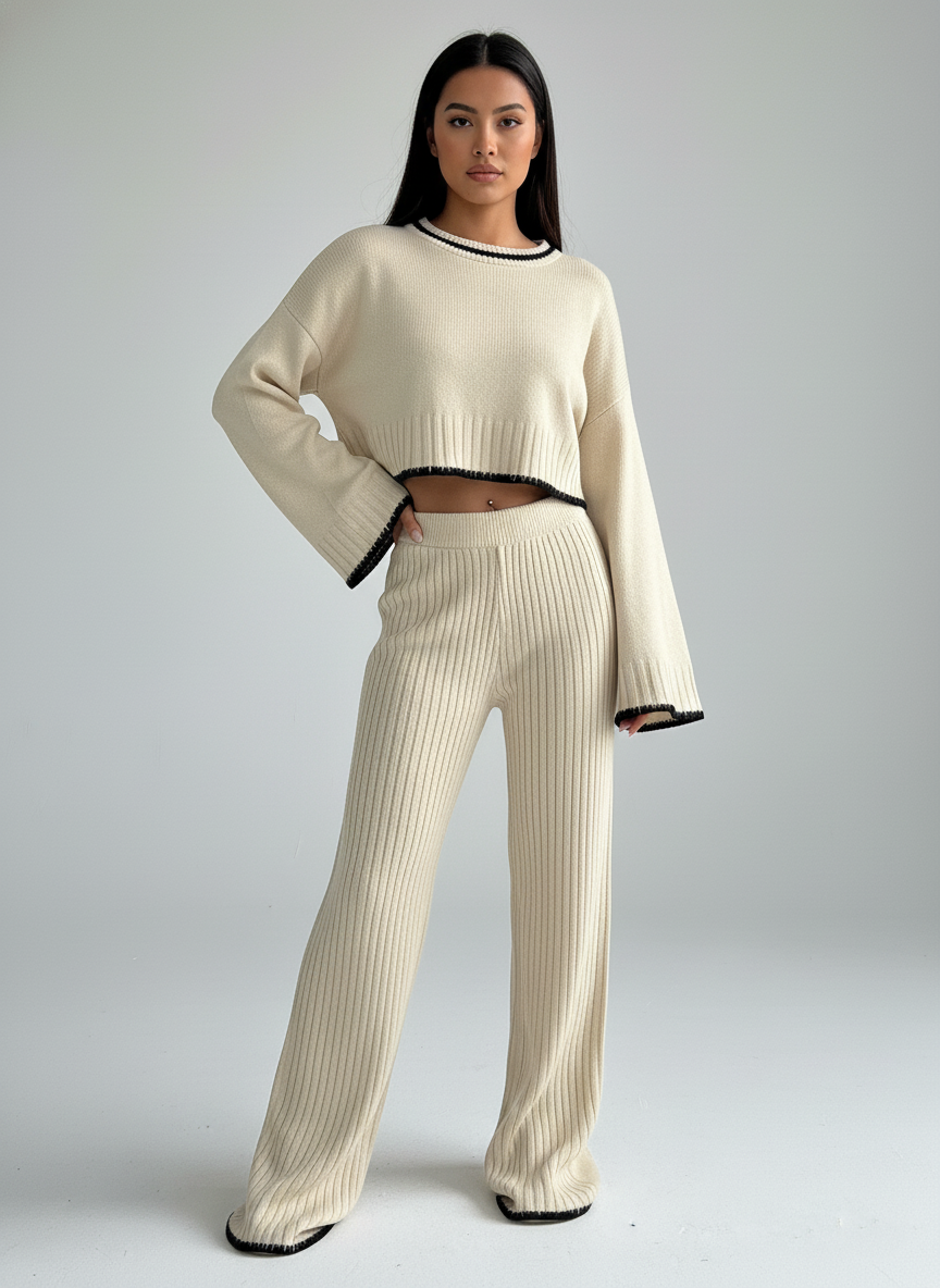 Krem Renk Kontrast Dikiş Detaylı Triko İkili Takım